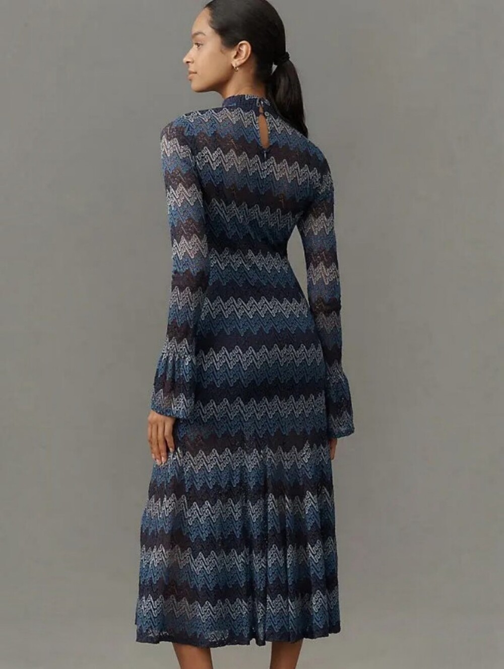 En Saison Lorrae Navy Tonal Zigzag/Chevron Pattern Lace Midi Dress, M, Boho Fall - Picture 6 of 16